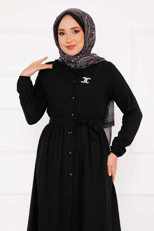 Robe boutonnée à manches élastiques noire