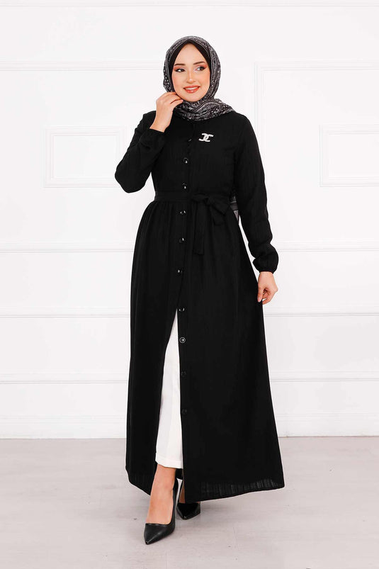 Robe boutonnée à manches élastiques noire