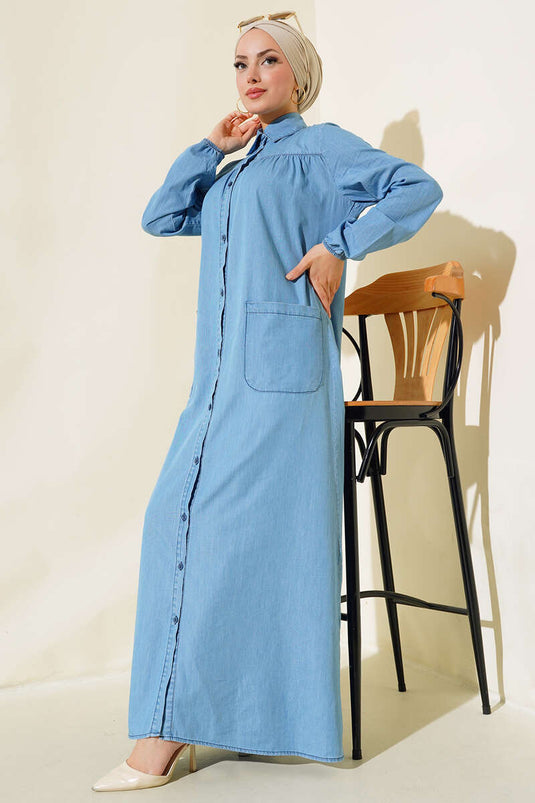 فستان جينز بأزرار لون أزرق