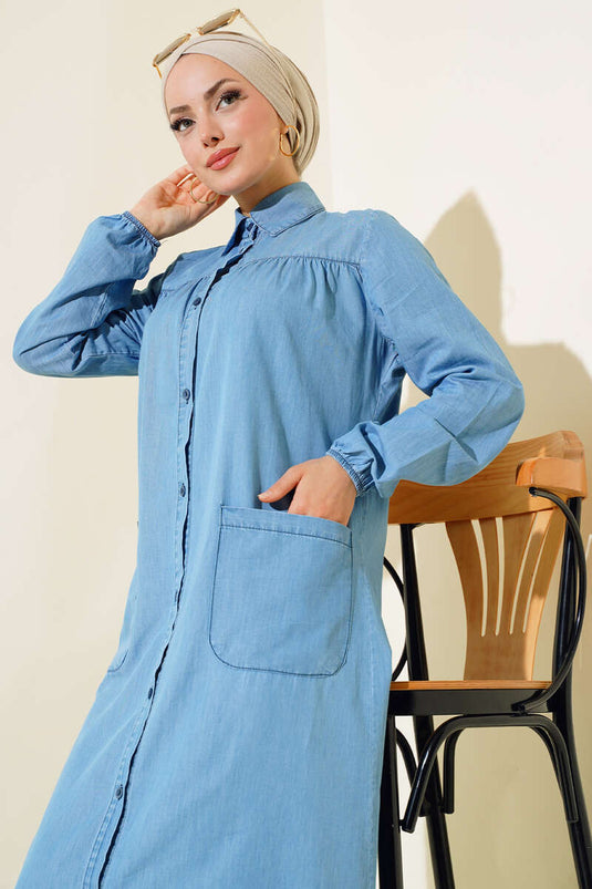 فستان جينز بأزرار لون أزرق