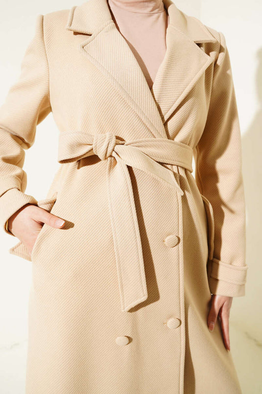 Manteau croisé boutonné en cachemire beige