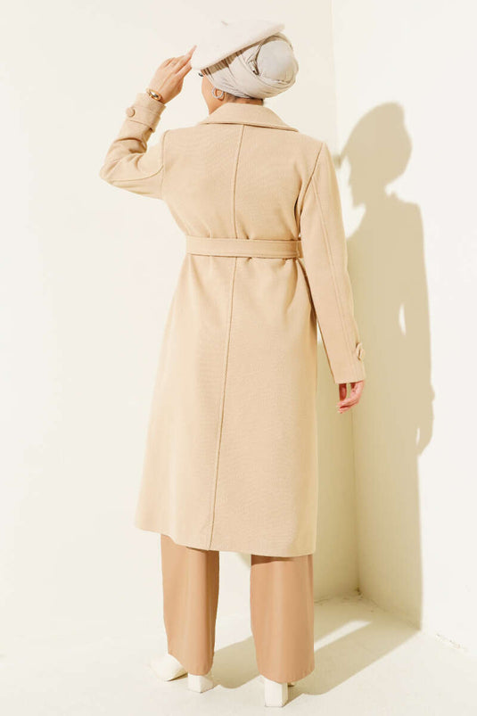 Manteau croisé boutonné en cachemire beige