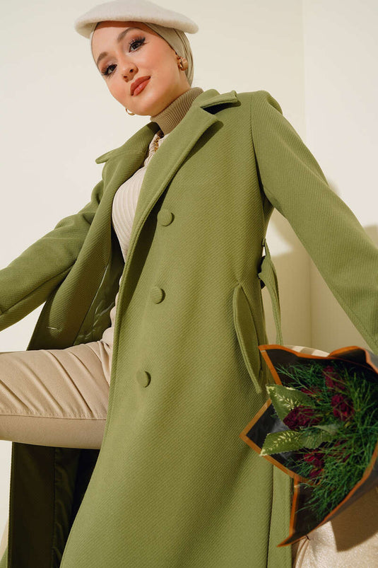 Boydan Düğmeli Kruvaze Yaka Kaşe Kaban Çağla Yeşili