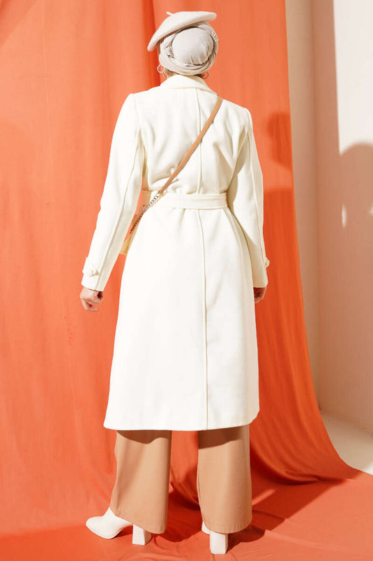 Floor-Length Buttoned Double-Breasted Lapel Kaşe Coat in Ecru