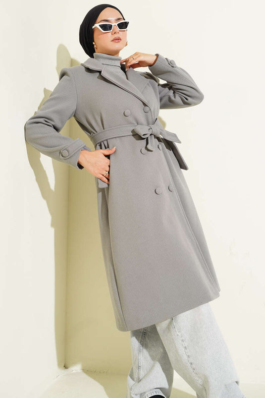Boydan Düğmeli Kruvaze Yaka Kaşe Kaban Gri