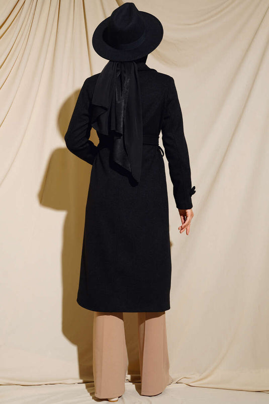 Long Buttoned Double-Breasted Tweed Coat Black