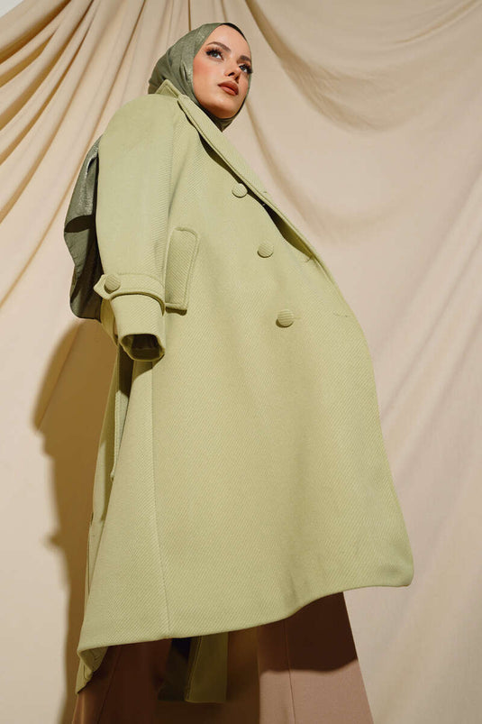 Manteau Col Croisé Boutonné Vert D'eau