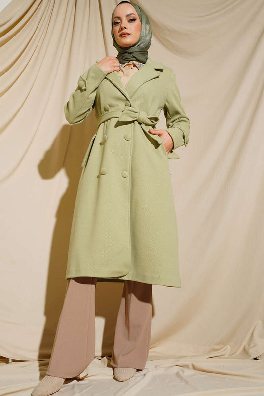Manteau Col Croisé Boutonné Vert D'eau