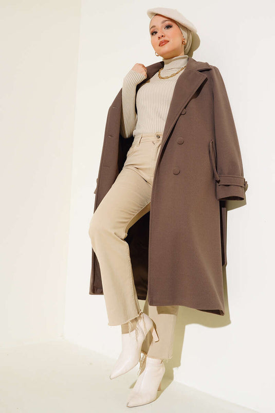 Full-Length Buttoned Notched Lapel Tweed Coat Mink