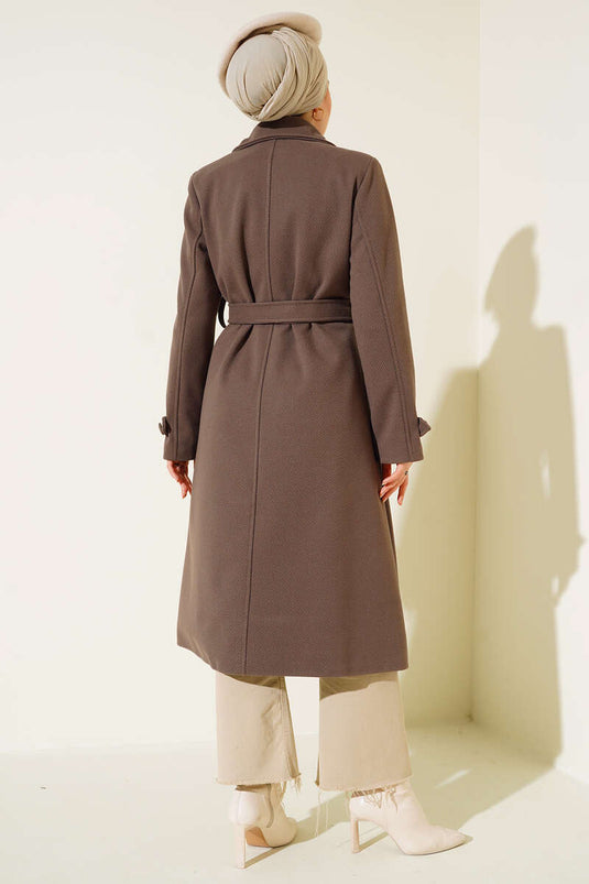 Full-Length Buttoned Notched Lapel Tweed Coat Mink