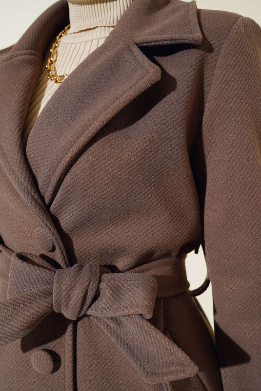 Full-Length Buttoned Notched Lapel Tweed Coat Mink