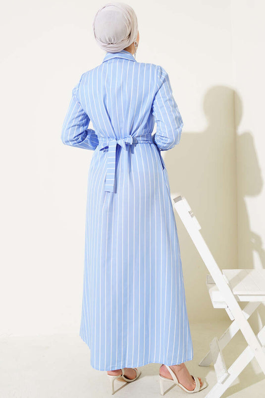 Boydan Düğmeli Kuşaklı Çizgili Elbise Buz Mavisi