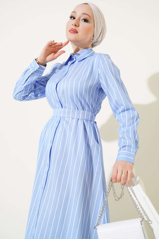 Boydan Düğmeli Kuşaklı Çizgili Elbise Buz Mavisi