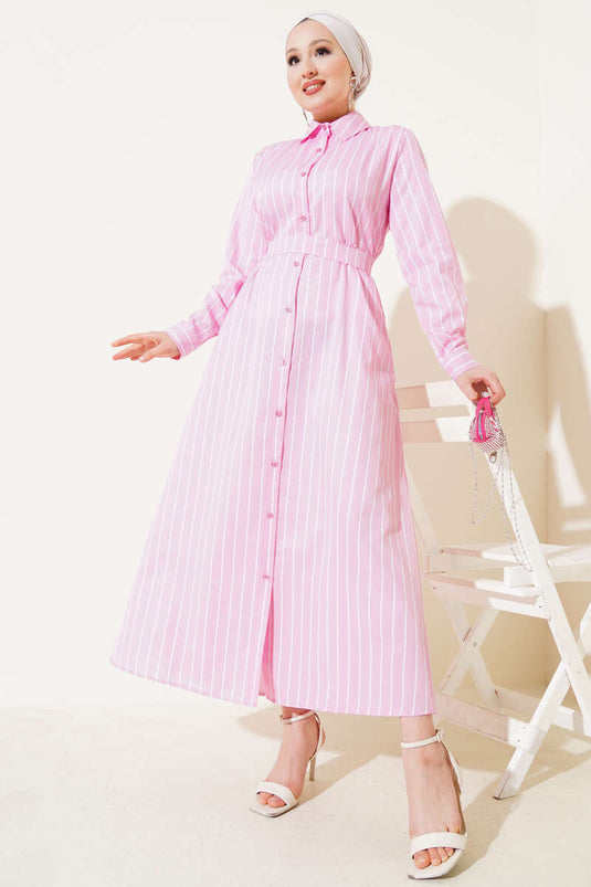 Boydan Düğmeli Kuşaklı Çizgili Elbise Pembe