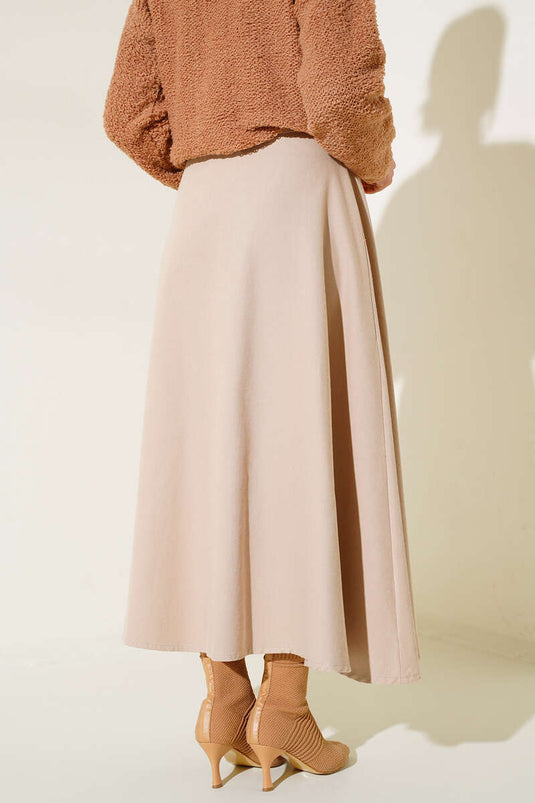 Boydan Düğmeli Kuşaklı Etek Bej