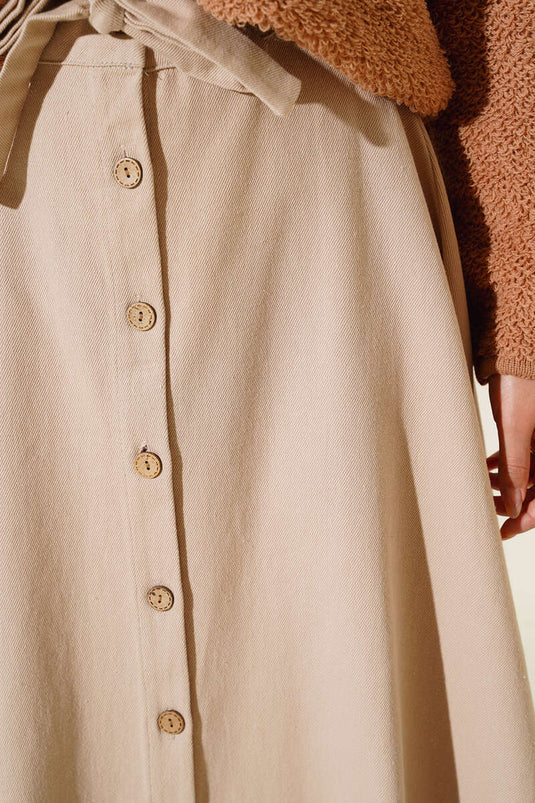 Boydan Düğmeli Kuşaklı Etek Bej