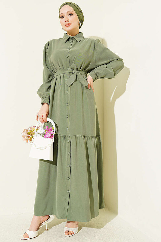 Robe en Tencel boutonnée avec ceinture vert avocat