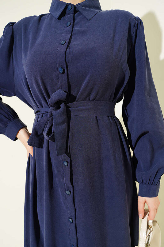 Robe en Tencel avec ceinture et boutons, bleu marine