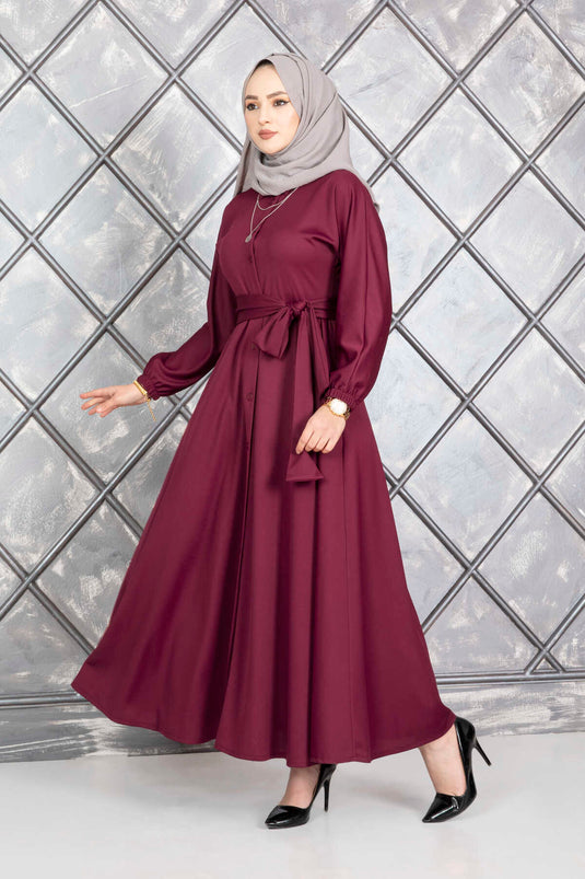 فستان حجاب بأزرار وحزام أحمر كلاريت