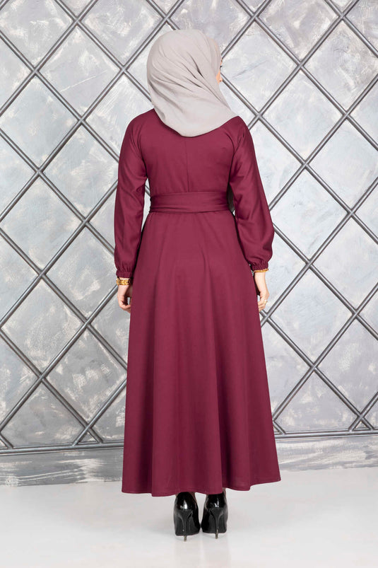 فستان حجاب بأزرار وحزام أحمر كلاريت