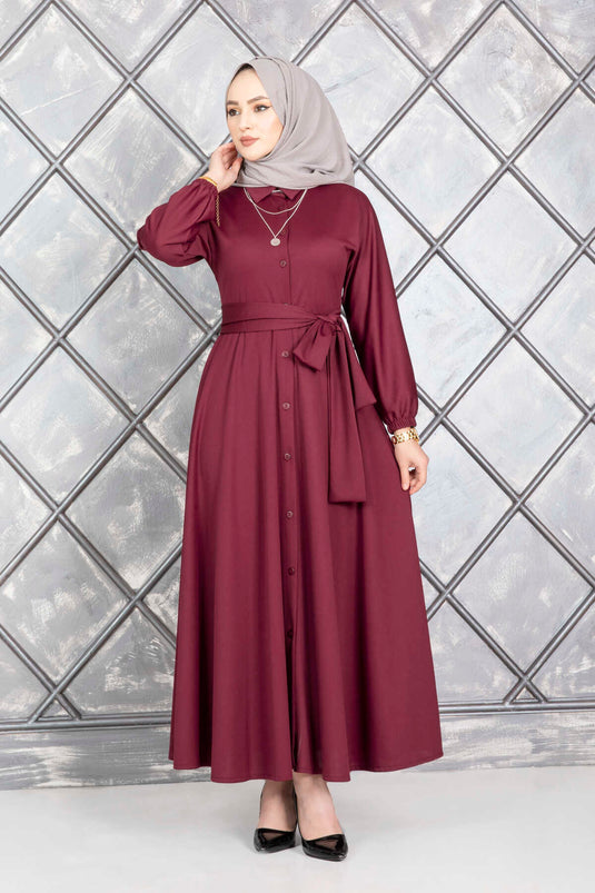 فستان حجاب بأزرار وحزام أحمر كلاريت