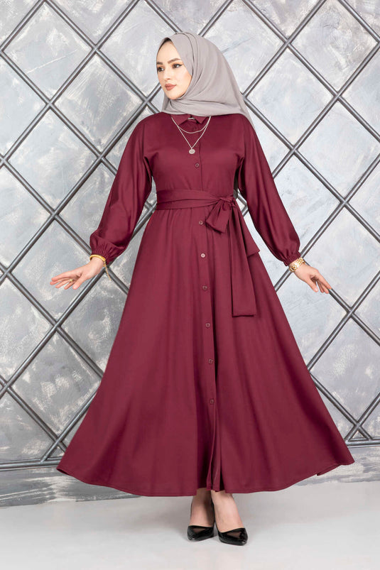فستان حجاب بأزرار وحزام أحمر كلاريت