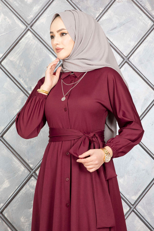 Boydan Düğmeli Kuşaklı Tesettür Elbise Bordo
