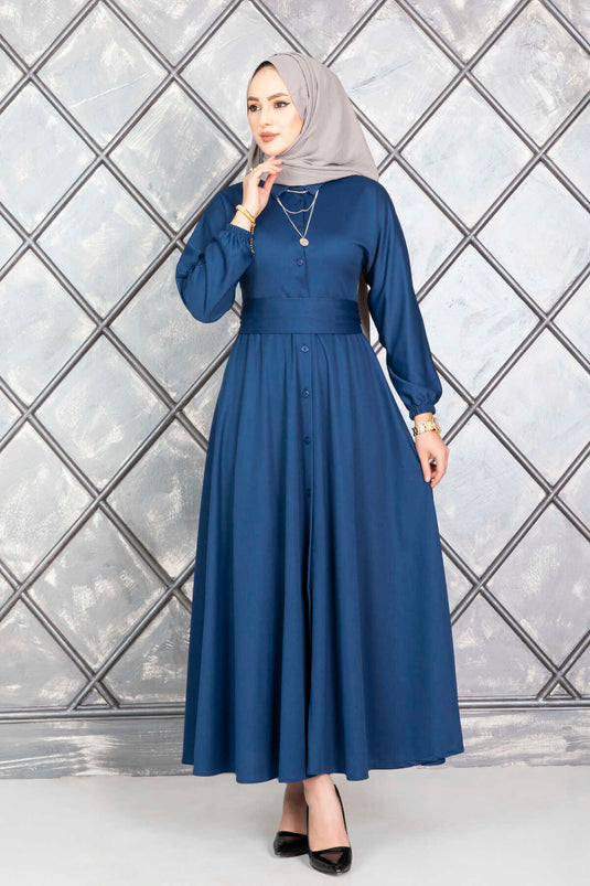 Indigo Buttoned Belted Hijab Dress