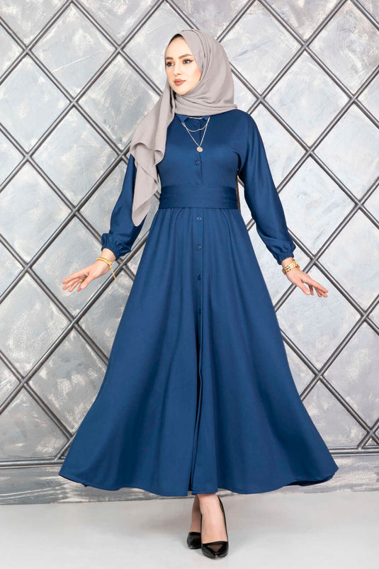 Robe hijab indigo à boutons et ceinture