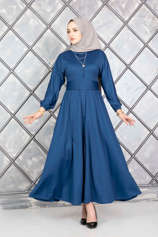 Robe hijab indigo à boutons et ceinture