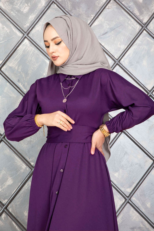 Robe Voile Ceinturée Boutonnée Violet