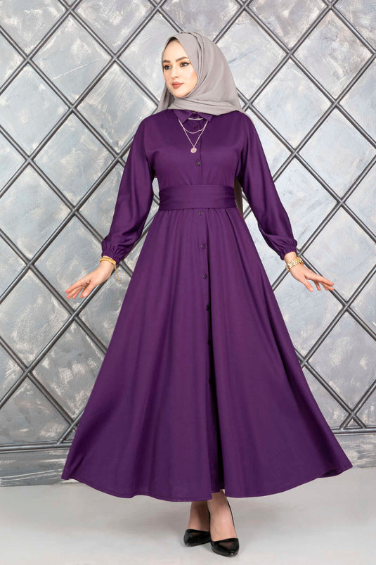 Robe Voile Ceinturée Boutonnée Violet