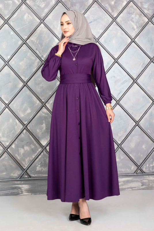 Boydan Düğmeli Kuşaklı Tesettür Elbise Mor