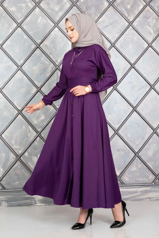 Boydan Düğmeli Kuşaklı Tesettür Elbise Mor