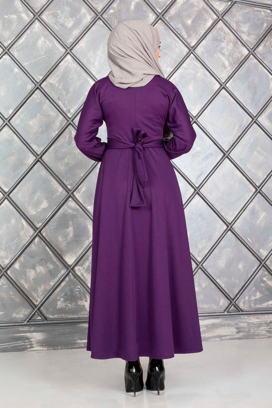Boydan Düğmeli Kuşaklı Tesettür Elbise Mor