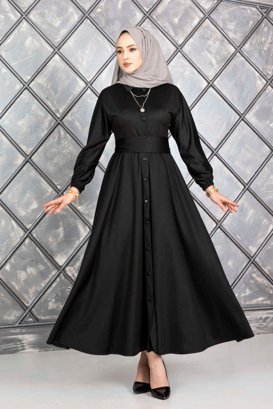 Buttoned Belted Modest Dress Black