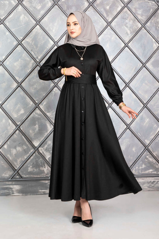 Buttoned Belted Modest Dress Black