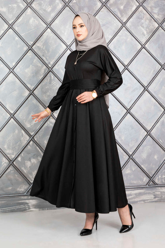 Buttoned Belted Modest Dress Black