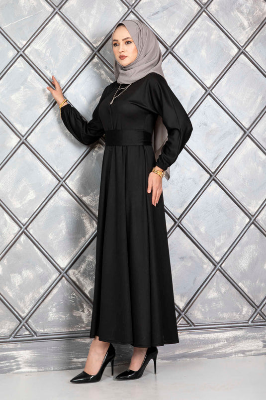 Buttoned Belted Modest Dress Black