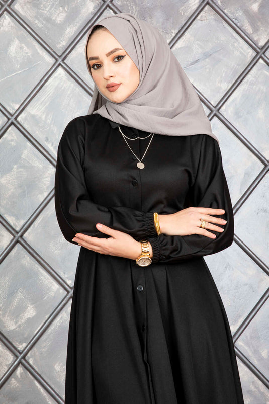 Buttoned Belted Modest Dress Black