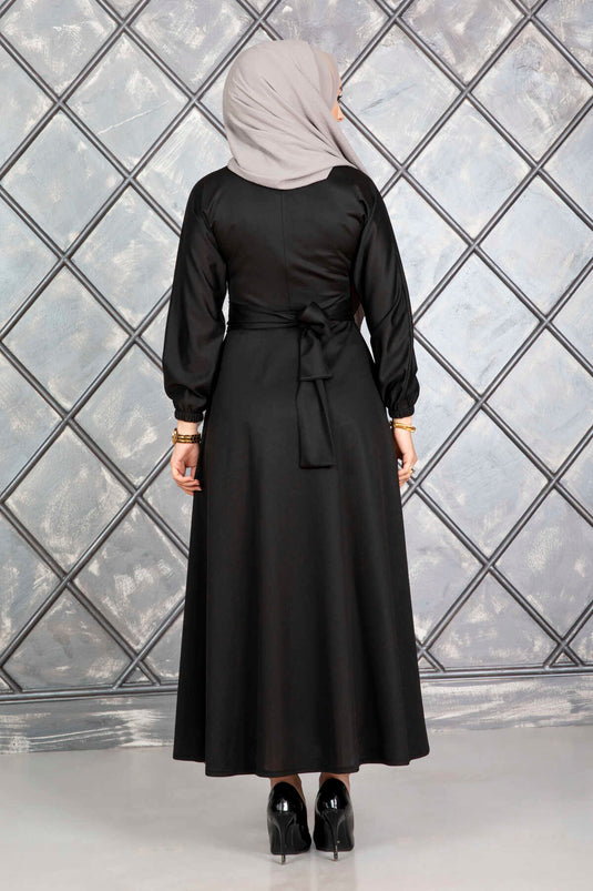 Buttoned Belted Modest Dress Black