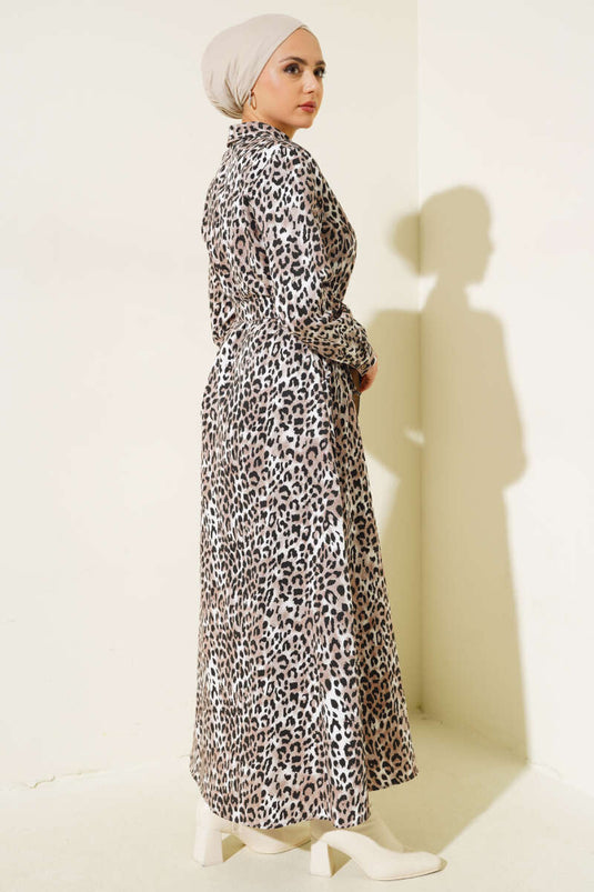 Boydan Düğmeli Leopar Desen Elbise Latte