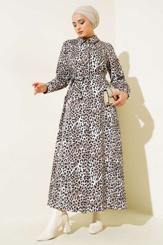Boydan Düğmeli Leopar Desen Elbise Latte