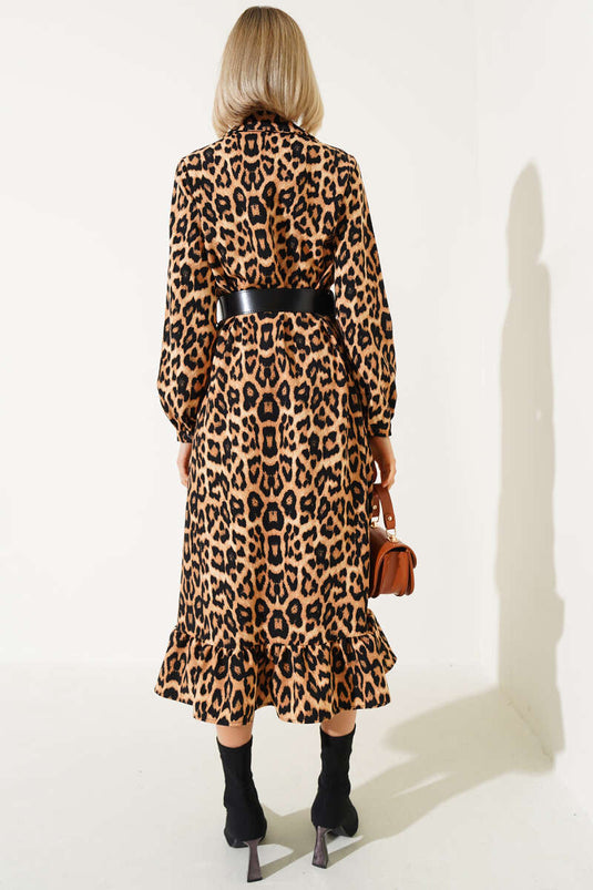 Leopard Pattern Midi Dress with Buttons at the End, Camel
