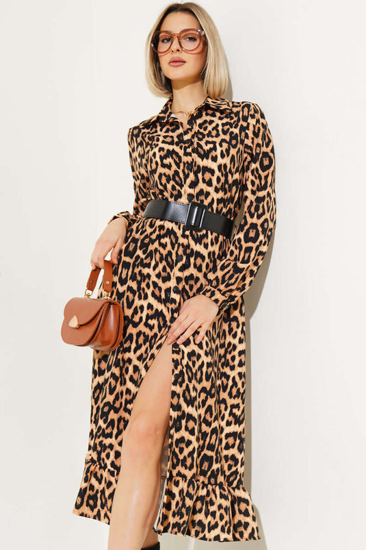 Leopard Pattern Midi Dress with Buttons at the End, Camel