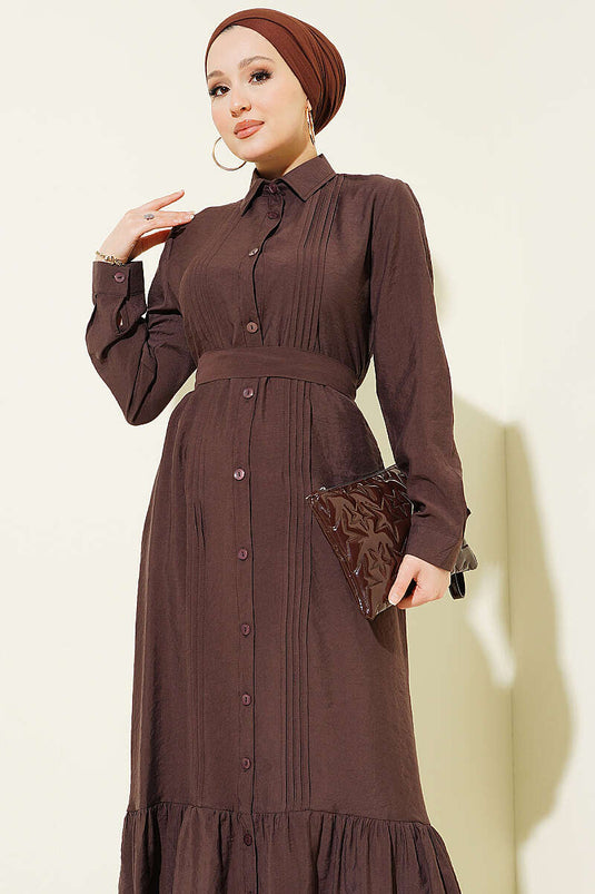 Robe côtelée boutonnée intégralement marron
