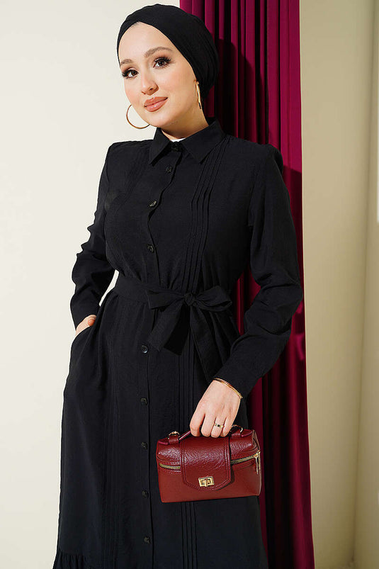Robe côtelée boutonnée intégralement noire