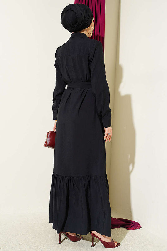 Robe côtelée boutonnée intégralement noire
