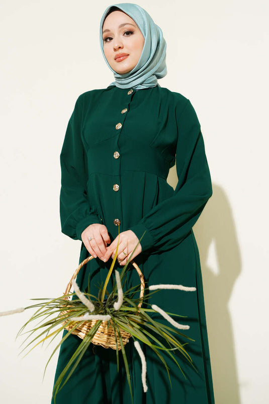 فستان بأزرار أمامية وتفصيلات، زمردي