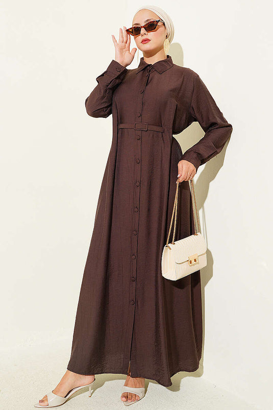 Button-Down Pleated Belted Dress In Warm Coffee